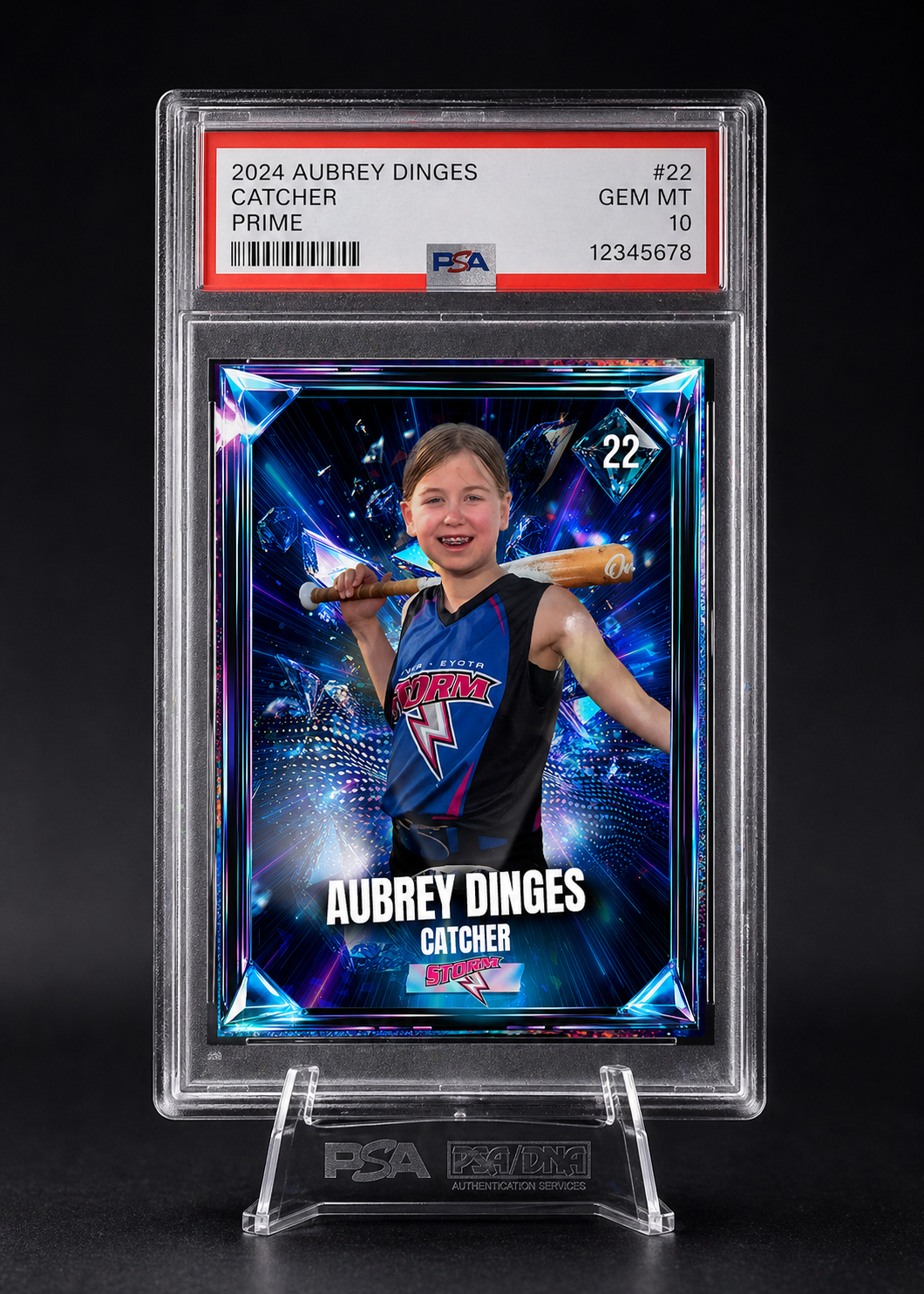 PSA Gem MT 10 slabbed custom baseball card of Aubrey Dinges, catcher